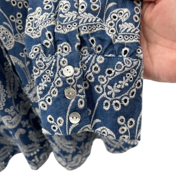 Zara Blue Paisley Floral Embroidered Shirt Dress Cutwork Embroidery Size Small - Picture 6 of 15